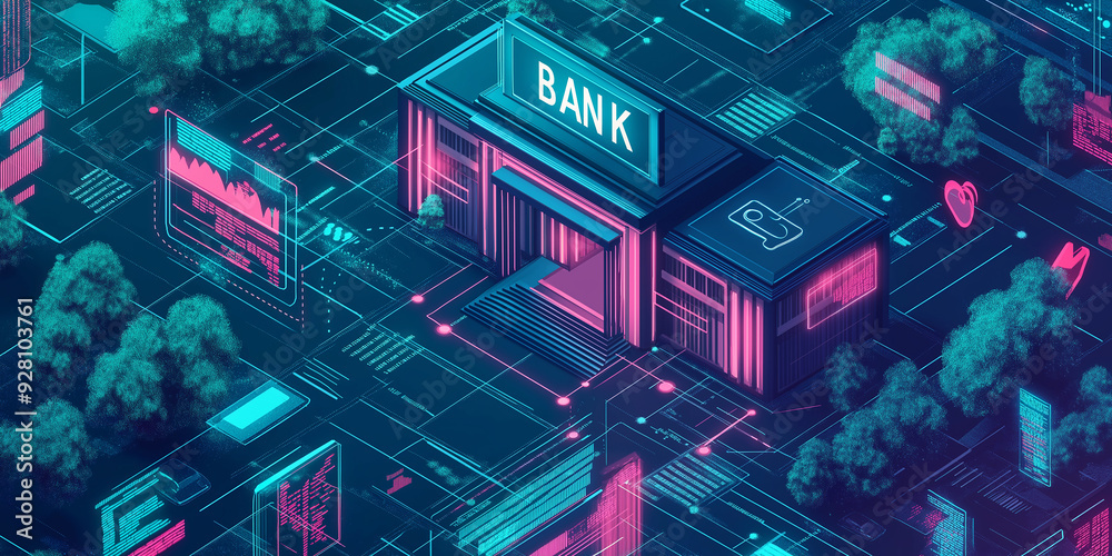 Poster Bank building surrounded by digital data connecting through circuit board