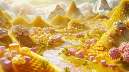 whimsical cooking themed advertisement. a winding river made entirely of honey, flowing through the landscape of honeycomb Mountain. These hills are scattered with colorful candies