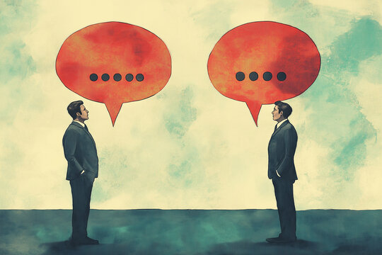 Two businessmen having a difficult conversation with thought bubbles above them