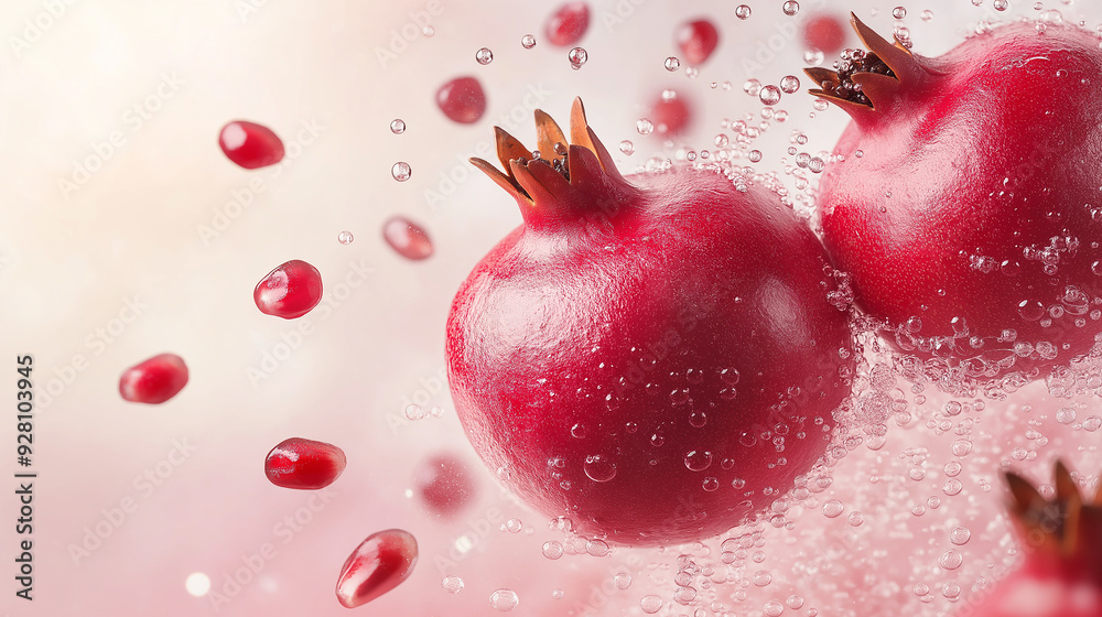 Poster Two pomegranates floating in sparkling water with seeds splashing around