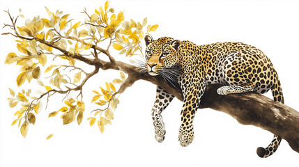 Leopard relaxing on a branch with yellow autumn leaves