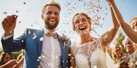Newly married couple walking under falling confetti with guests behind