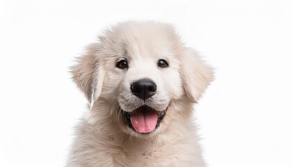 笑顔のグレート・ピレニーズの子犬のポートレート（Portrait of a smiling Great Pyrenees puppy on white background）
