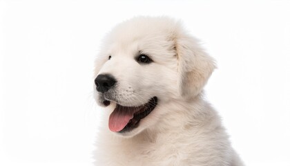 笑顔のグレート・ピレニーズの子犬のポートレート（Portrait of a smiling Great Pyrenees puppy on white background）
