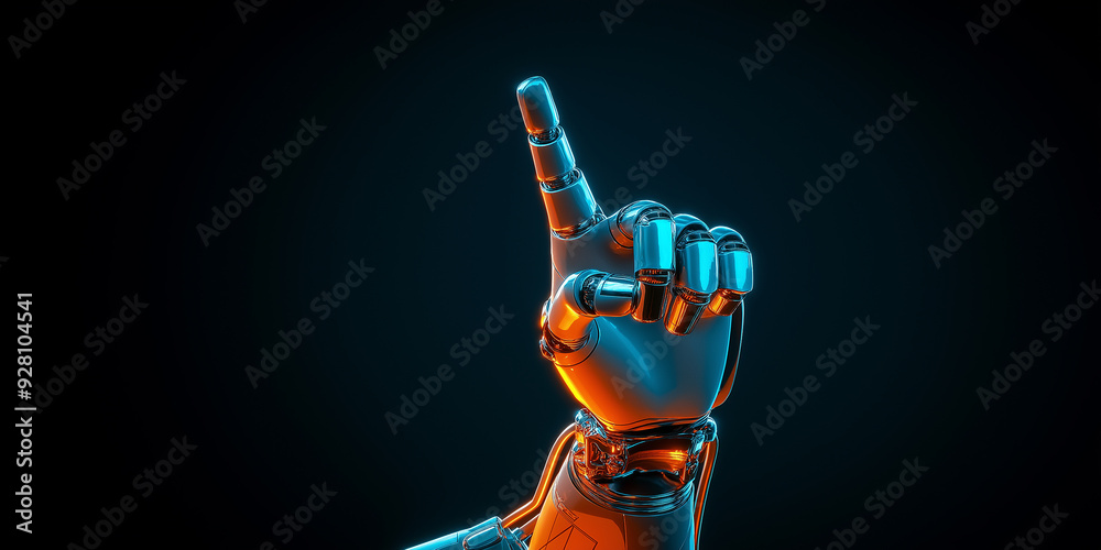 Aufkleber robotic hand pointing up index finger illuminated by blue and orange lights
