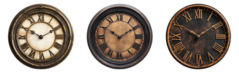 Three antique clocks with roman numerals isolated on transparent background