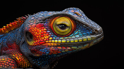 Rainbow agama lizard posing in striking colors over black background