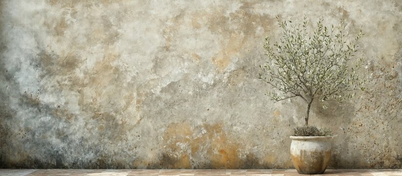 Potted plant tiled floor front wall textured grungy A potted oli