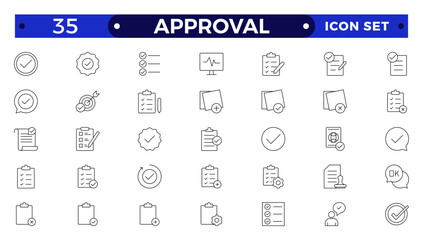 Approval Outline icons set. Check mark, certified, validation, agreement, thumps up, settings, shield icons and more signs. Flat icon collection.