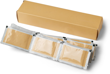 strips of blank foil sachet packets with box isolated white background, food or medicine drug packaging mockup template, used for products like powders, liquids or creams