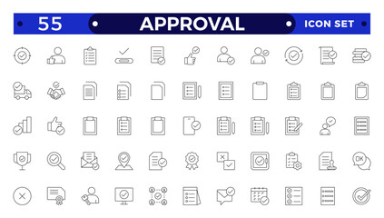 Approval Outline icons set. Check mark, certified, validation, agreement, thumps up, settings, shield icons and more signs. Flat icon collection.