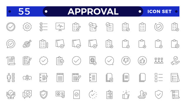 Approval Outline icons set. Check mark, certified, validation, agreement, thumps up, settings, shield icons and more signs. Flat icon collection.
