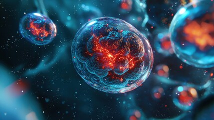 Naklejka premium Microscopic View of Cells in a Vivid Blue and Red Illuminated Microscopic Environment
