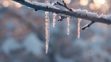 Obraz premium A single icicle hanging from a branch.