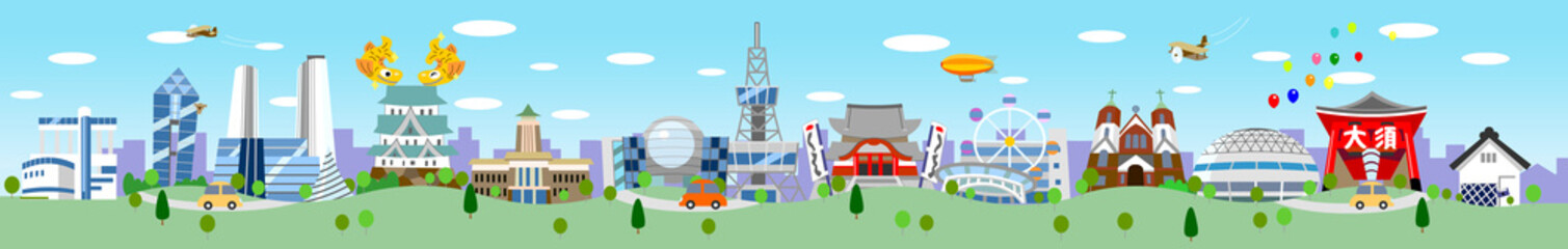 名古屋近郊観光地イラスト　街並み