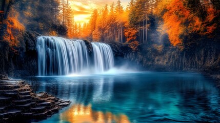 Stunning river and waterfall in a colorful forest with a bright blue sky.