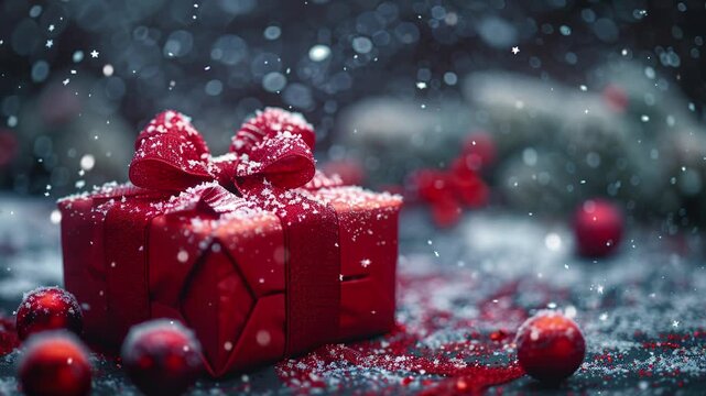Red gift box in pine branch in snowdrop, Christmas background,  gift box for Christmas Day
