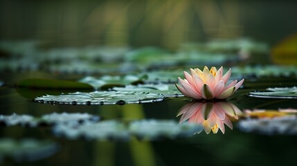 A single lily pad floating on a pond.