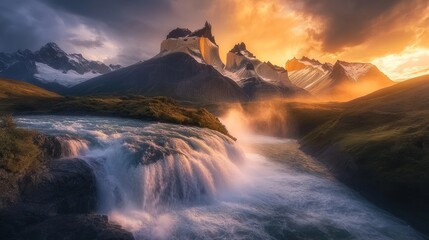 Majestic Waterfall at Sunset in the Andes