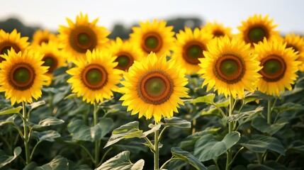 Obraz premium Close-up of sunflowers in a field, with one sunflower in focus and the others blurred in the background.