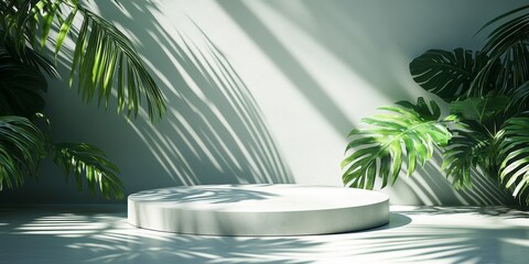 A white round podium with tropical plants and rays of light. The layout for the product presentation