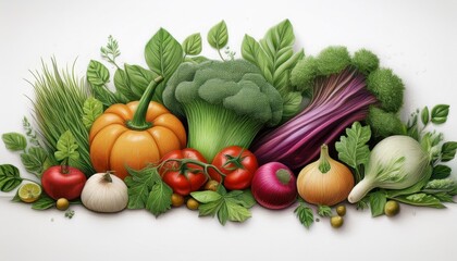 Fresh fruits and vegetables arranged together on a white background