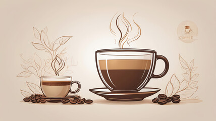 Artistic Illustration of Coffee Cups with Coffee Beans and Leaves in a Minimalistic Style
