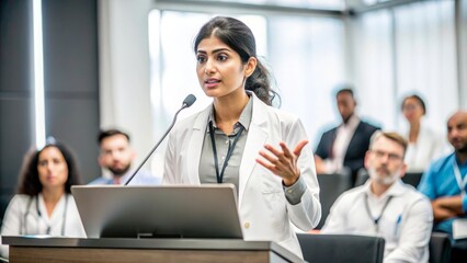 Indian Medical Specialist in Conference - Indian female medical specialist presenting at a medical conference, showcasing expertise and leadership in a professional setting.
