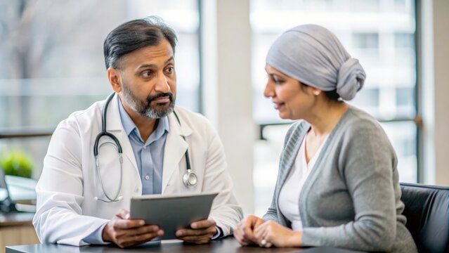 Indian Oncologist with Patient - Indian male oncologist discussing treatment options with a patient, providing a compassionate and informative consultation.
