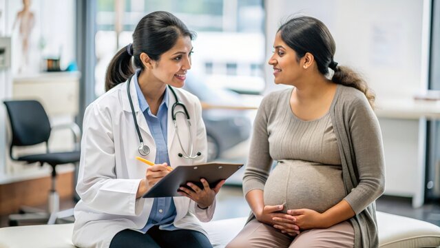 Indian Obstetrician with Expectant Mother - Indian female obstetrician consulting with an expectant mother, providing prenatal care and support.
