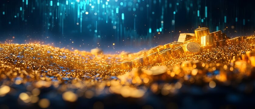 Glittering backdrop of shimmering gold commodity price trends influenced by raw material costs and market speculation in futures contracts  financial investment and business concept with copy space