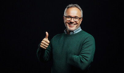 Joyful middle-aged man in green sweater and glasses giving a thumbs-up with a confident smile, set against a black background. Emphasizing a gesture of approval and satisfaction.
