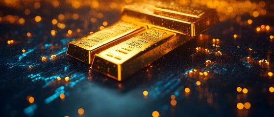 Shiny gold bullion bars amidst a backdrop of geopolitical instability and market speculation