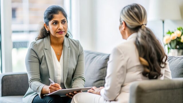 Indian Psychiatrist in Office - Indian female psychiatrist in her office, engaging in a therapeutic session with a patient, demonstrating empathy and professionalism.

