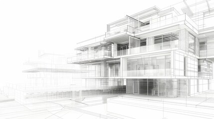 Fototapeta premium Architectural design sketch showcasing a modern building with glass elements and innovative structure in a minimalist style.