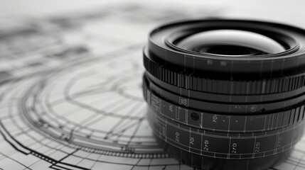 Close-up view of a camera lens on a technical blueprint, showcasing intricate details and precision engineering.