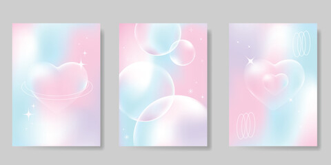 Abstract pastel gradient background vector set. Minimalist style cover template with heart, bubble, sparkle. Modern wallpaper design perfect for poster, flyer, social media, card, prints.