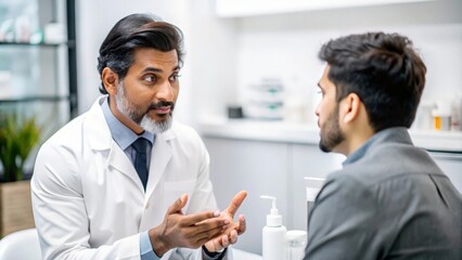 Obraz premium Indian Dermatologist with Skincare Products - Indian male dermatologist discussing skincare products with a patient, emphasizing dermatological care and advice. 