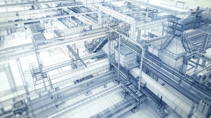 Complex industrial structure showcasing intricate pipeline systems and framework in a modern factory setting.