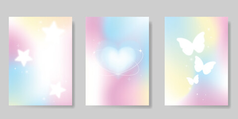 Fototapeta premium Abstract pastel gradient background vector set. Minimalist style cover template with heart, star, butterfly, bubble. Modern wallpaper design perfect for poster, flyer, social media, card, prints.