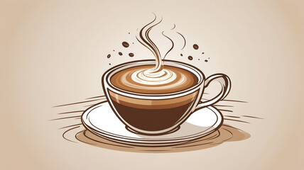 Artistic Coffee Cup with Swirling Steam and Coffee Beans in a Minimalist Design
