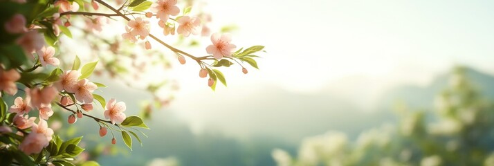 Tranquil Sakura Blossoms in Japanese Garden with Soft Sunlight - Spring Nature Background for Text Overlay