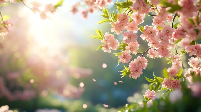Tranquil Sakura Blossoms in Japanese Garden with Soft Sunlight - Spring Nature Background for Text Overlay