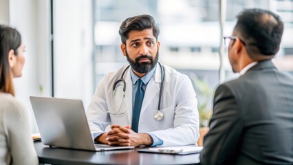 Obraz premium Indian Medical Consultant in Office - Indian male medical consultant advising clients in a professional office setting, offering expert medical advice. 