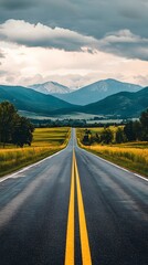 A bright, beautiful road with green fields and distant mountains, perfect for adventure and freedom.