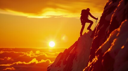 Silhouette of a climber ascending a mountain at sunset, capturing the essence of adventure and the beauty of nature.