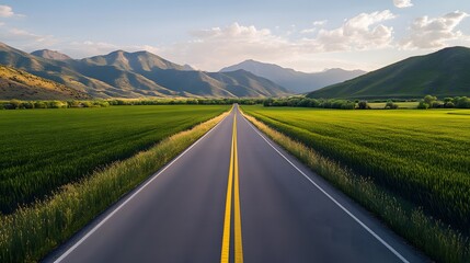 Naklejka premium A bright, beautiful road with green fields and distant mountains, perfect for adventure and freedom.
