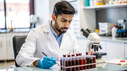 Indian Hematologist with Blood Samples - Indian male hematologist analyzing blood samples in a laboratory setting, focusing on blood health and diagnostics.
