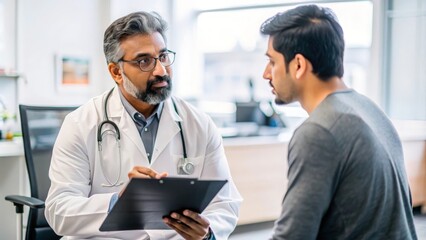 Indian Urologist with Patient Consultation - Indian male urologist discussing treatment options with a patient in a clinical setting, emphasizing specialized care in urology.
