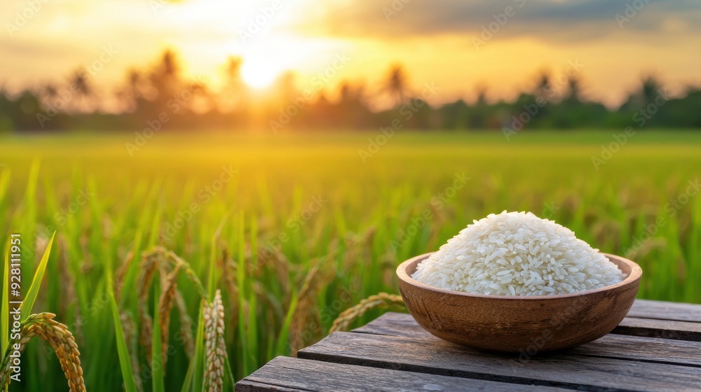 Wall mural bowl of white rice in green rice field at sunset a wooden bowl filled with white rice sits on a tabl